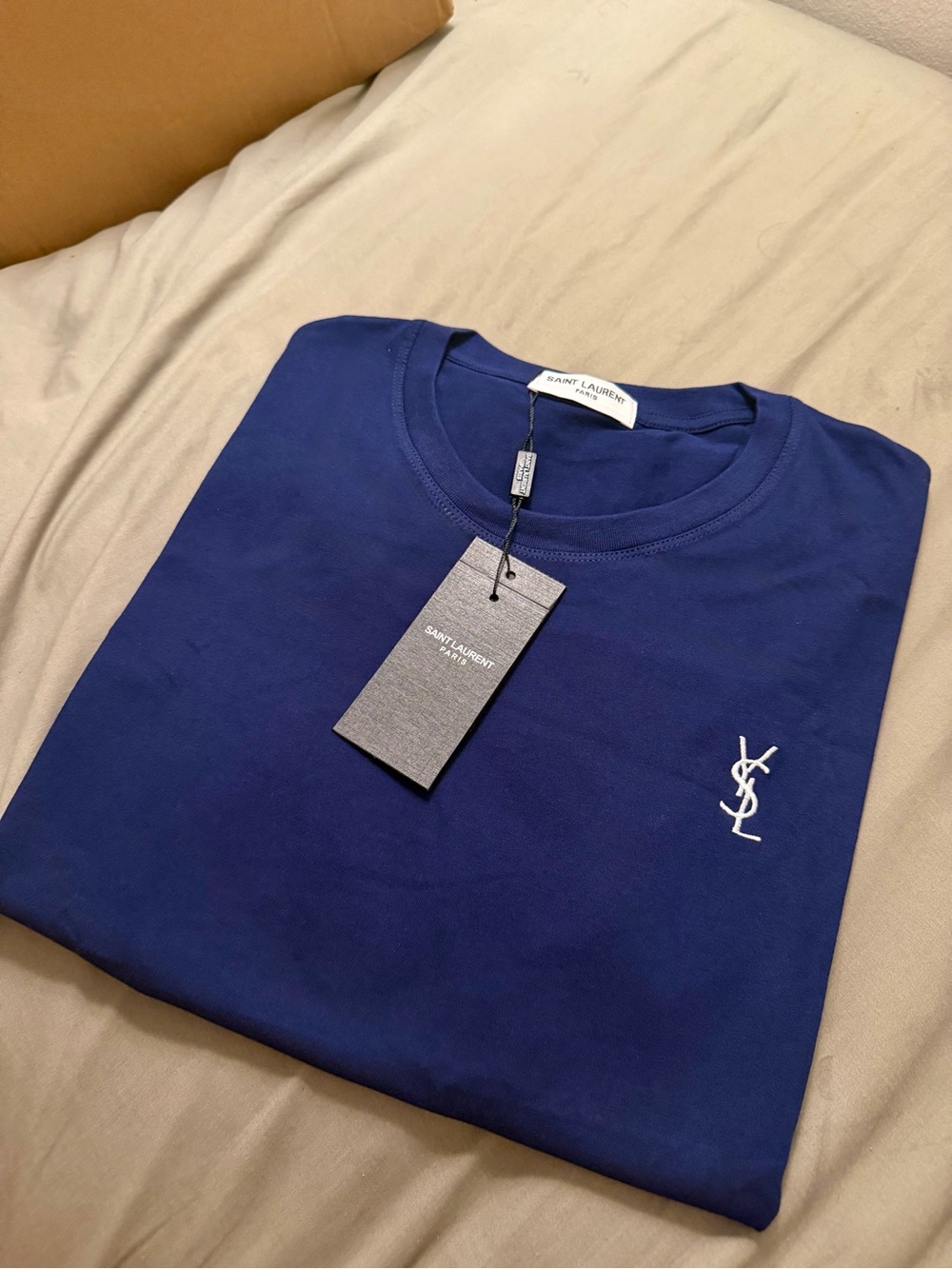 Saint Laurent Men’s Blue Crewneck with White YSL Logo
